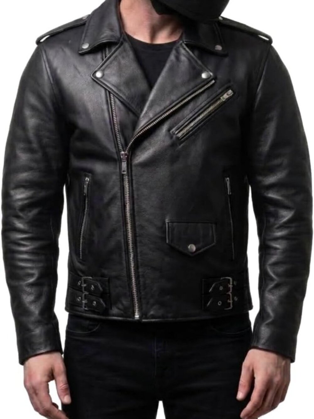 Genuine Black Leather Motorcycle Jacket for Men, Removable Armor, Biker Gear